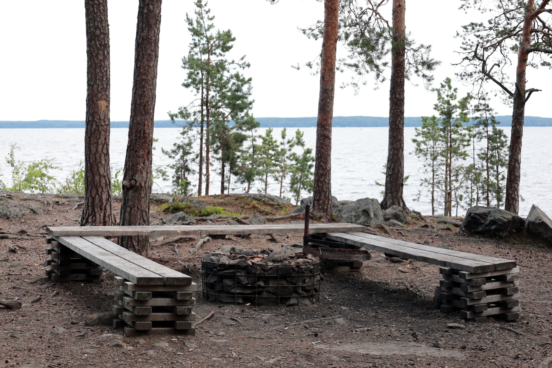 Rantamaisema, korkeat puunrungot ja kivinen nuotiopaikka, puiset penkit sekä järvimaisema taustalla.