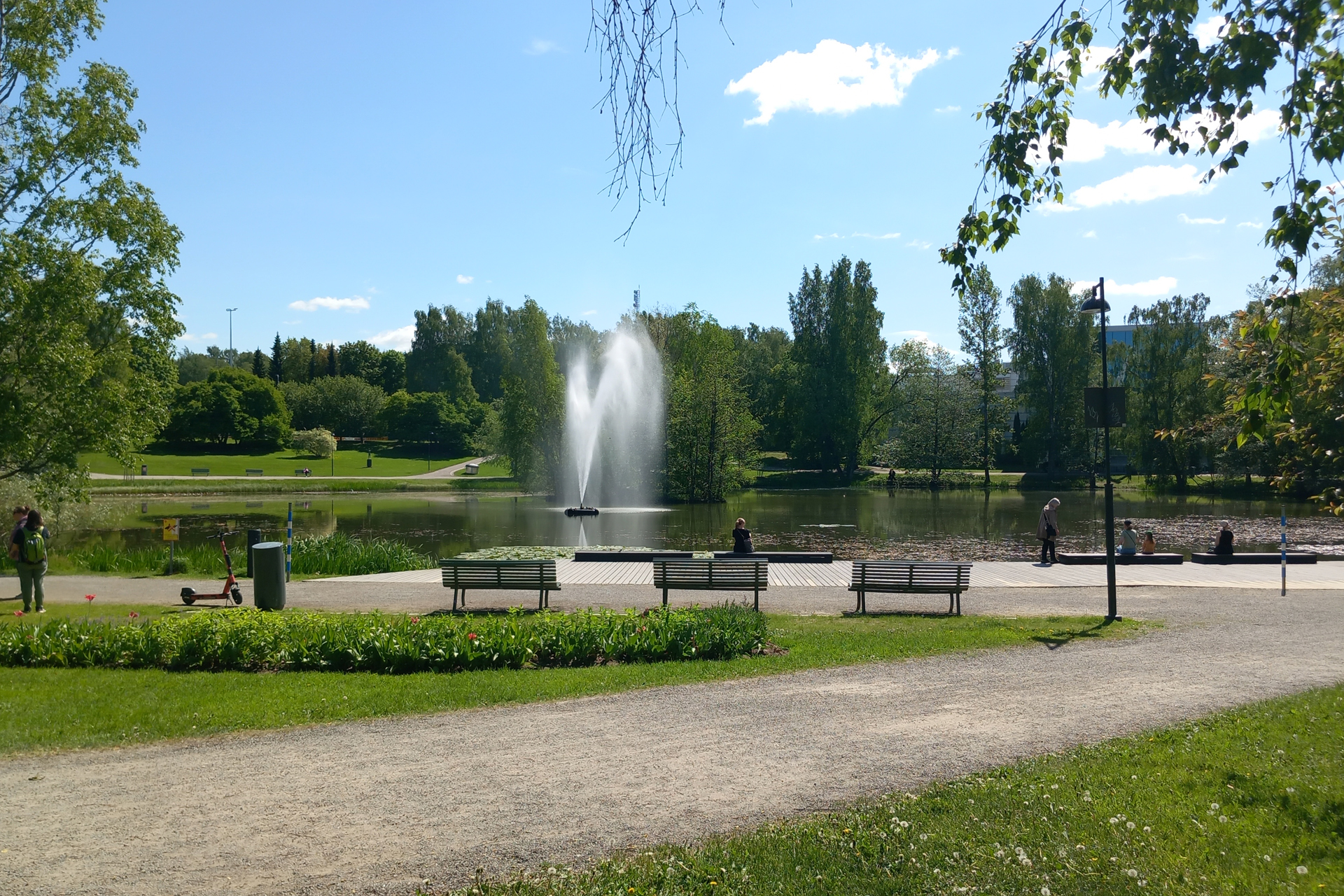 Puistossa lampi ja suihkulähde, penkkejä rannalla, vihreää kasvillisuutta ja sininen taivas pilvien kanssa.