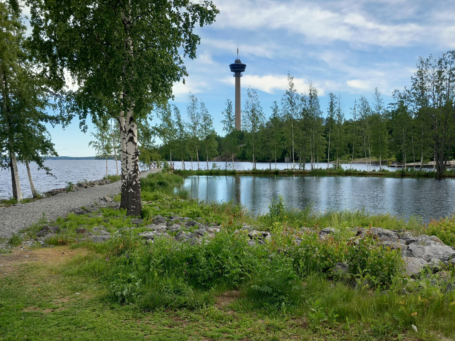 Vesialueen rannalla kohoaa Näsinneula, koivut ja vihreä puisto heijastuvat rauhalliseen veteen.